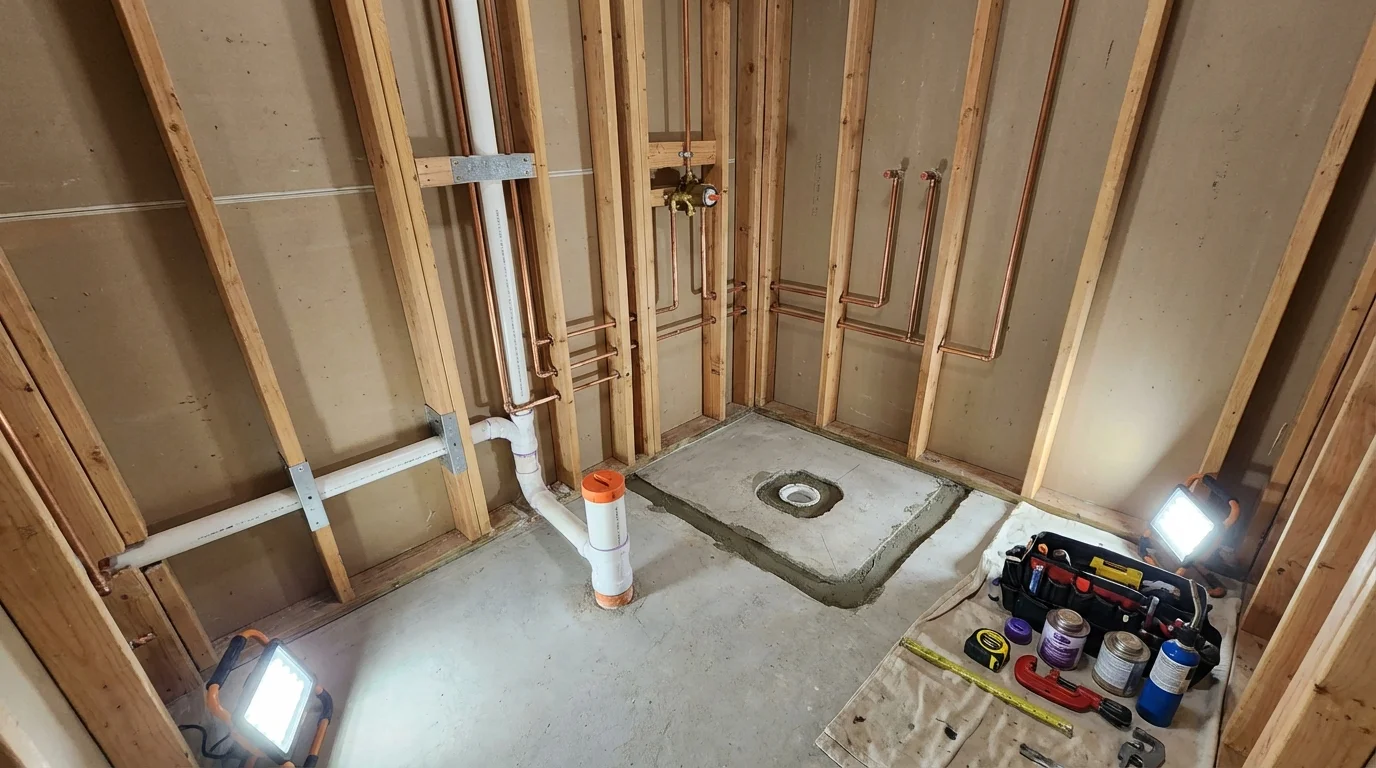 Bathroom rough-in plumbing during remodel by Johns Plumbing LLC in Frankston