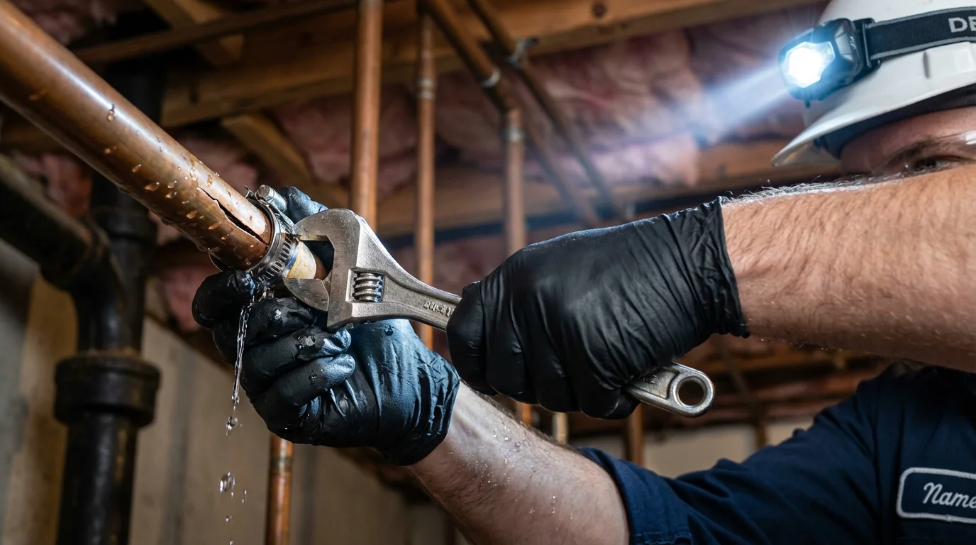 Emergency pipe clamp repair being performed by a Johns Plumbing LLC plumber in Frankston