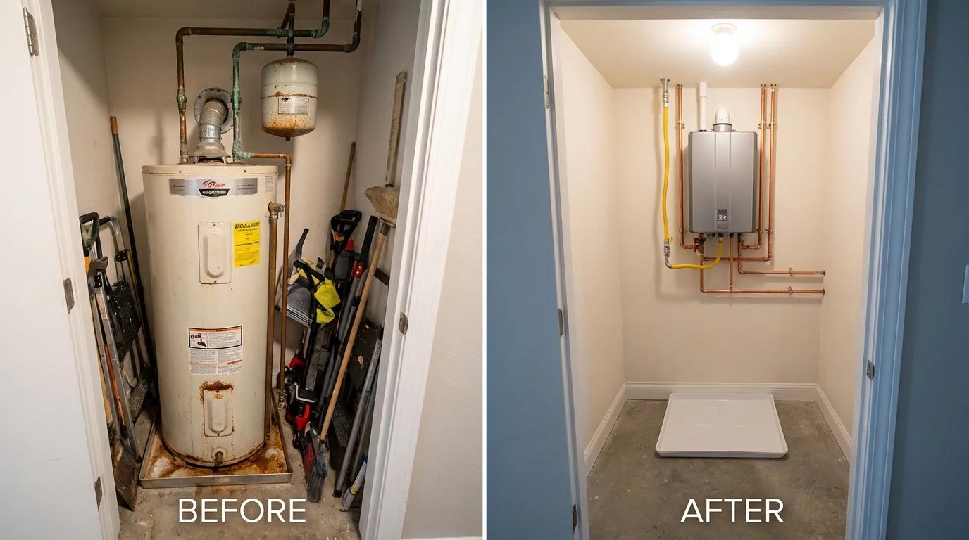Tank water heater versus wall-mounted tankless unit comparison for Frankston, TX homeowners
