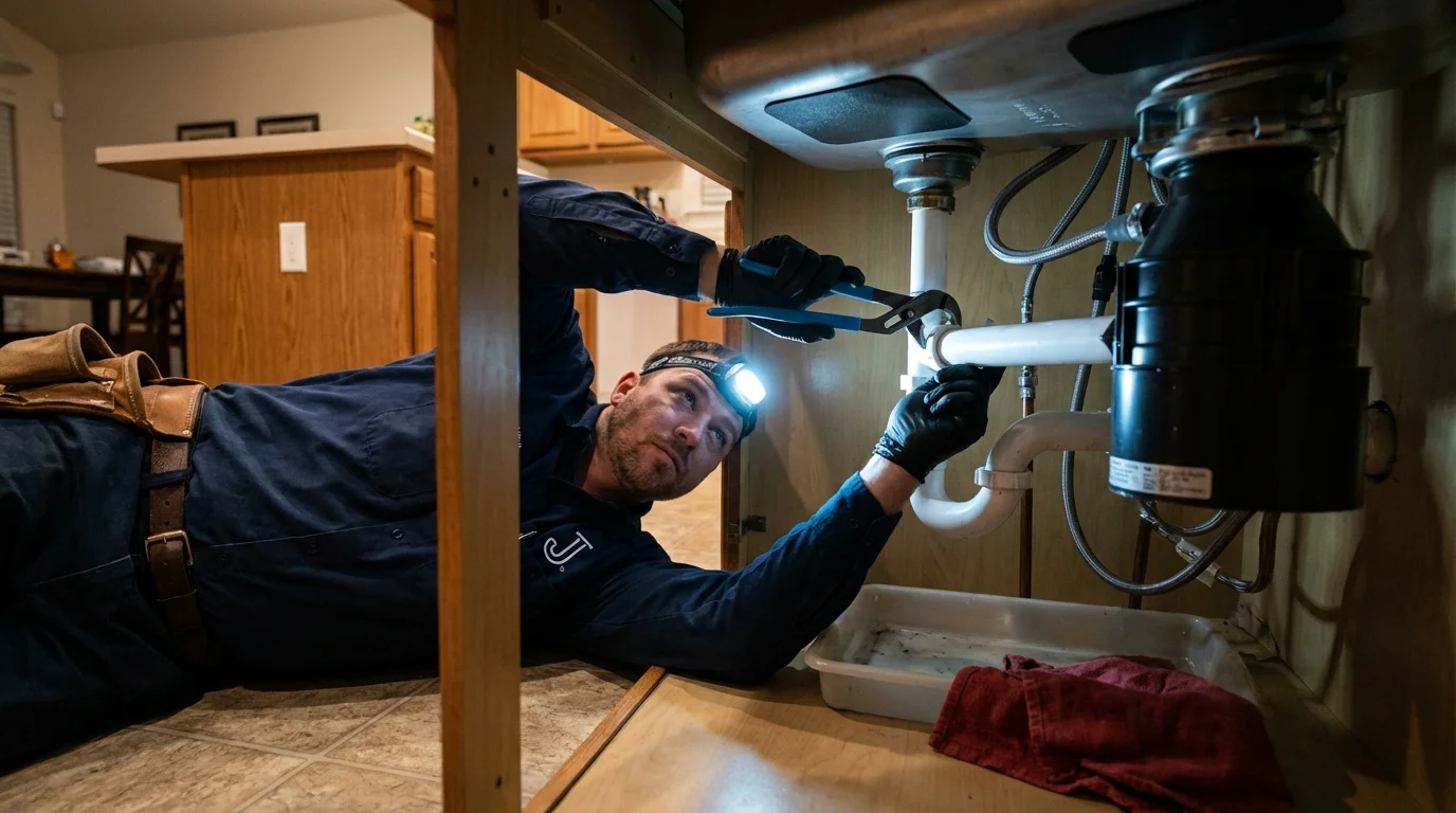 P-trap and supply line connections under a kitchen sink showing a common leak point in Frankston, TX